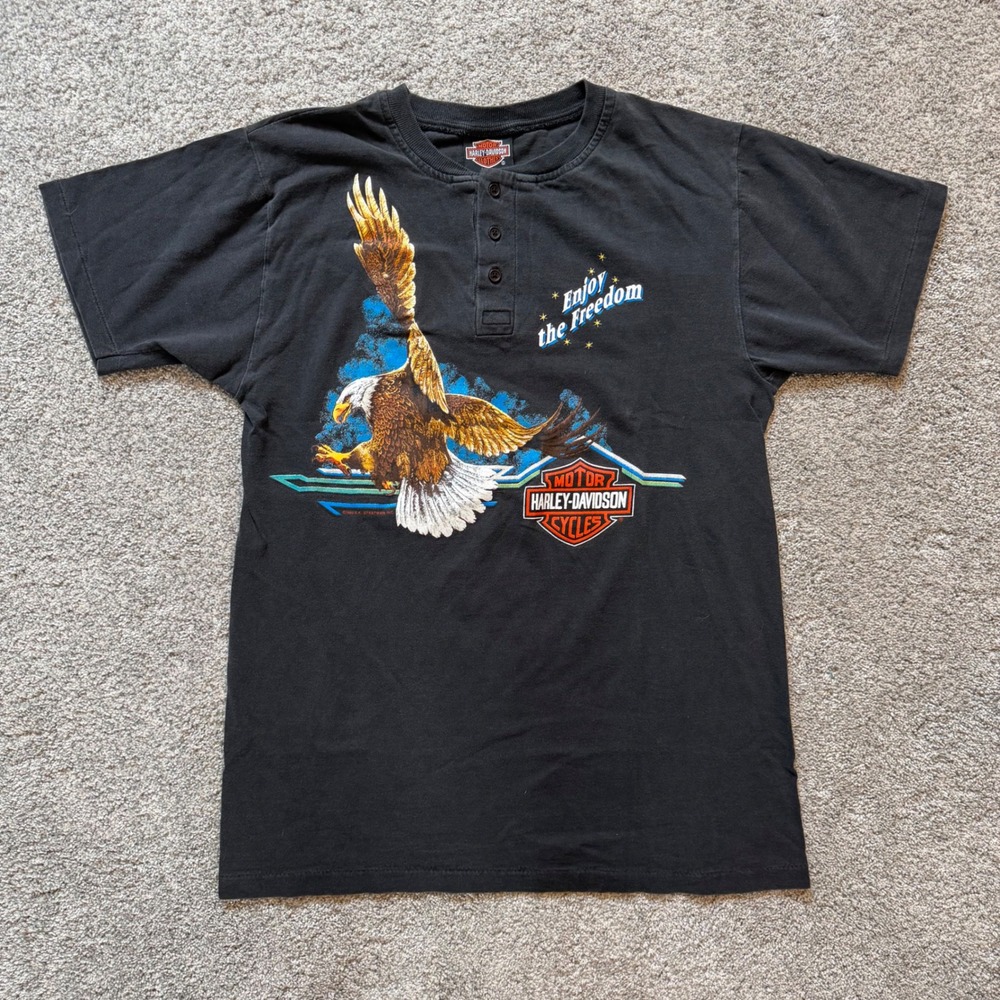 Vintage 1990 Harley Davidson Henley Shirt Walters Bros Peoria IL Eagle Black MD